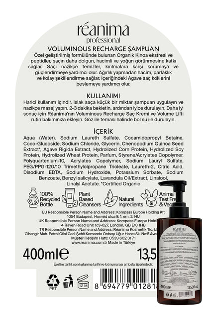 Voluminous Recharge Sönük Cansız Saçları Dolgunlaştırmaya Yardımcı Hacimlendirici Saç Bakım Şampuanı