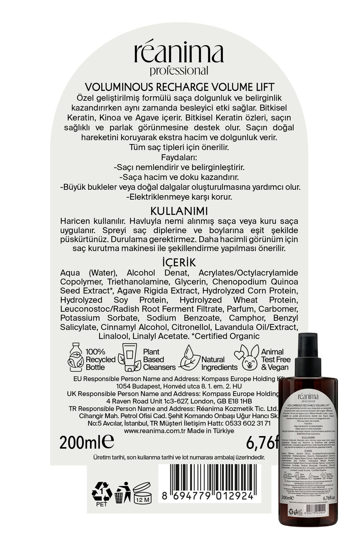 Voluminous Recharge Saça Hacim Veren Dolgunluk Kazandıran Hacimlendirici Durulanmayan Saç Toniği
