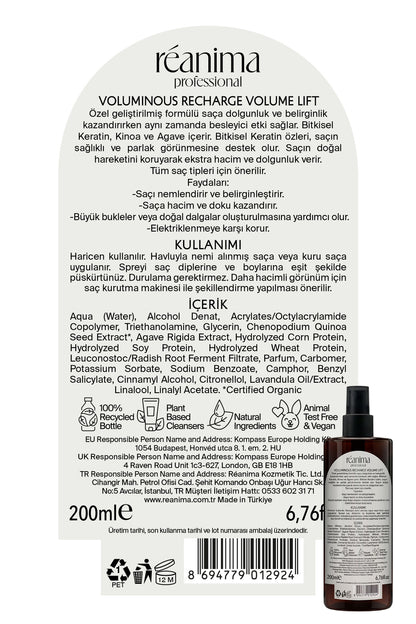 Voluminous Recharge Saça Hacim Veren Dolgunluk Kazandıran Hacimlendirici Durulanmayan Saç Toniği
