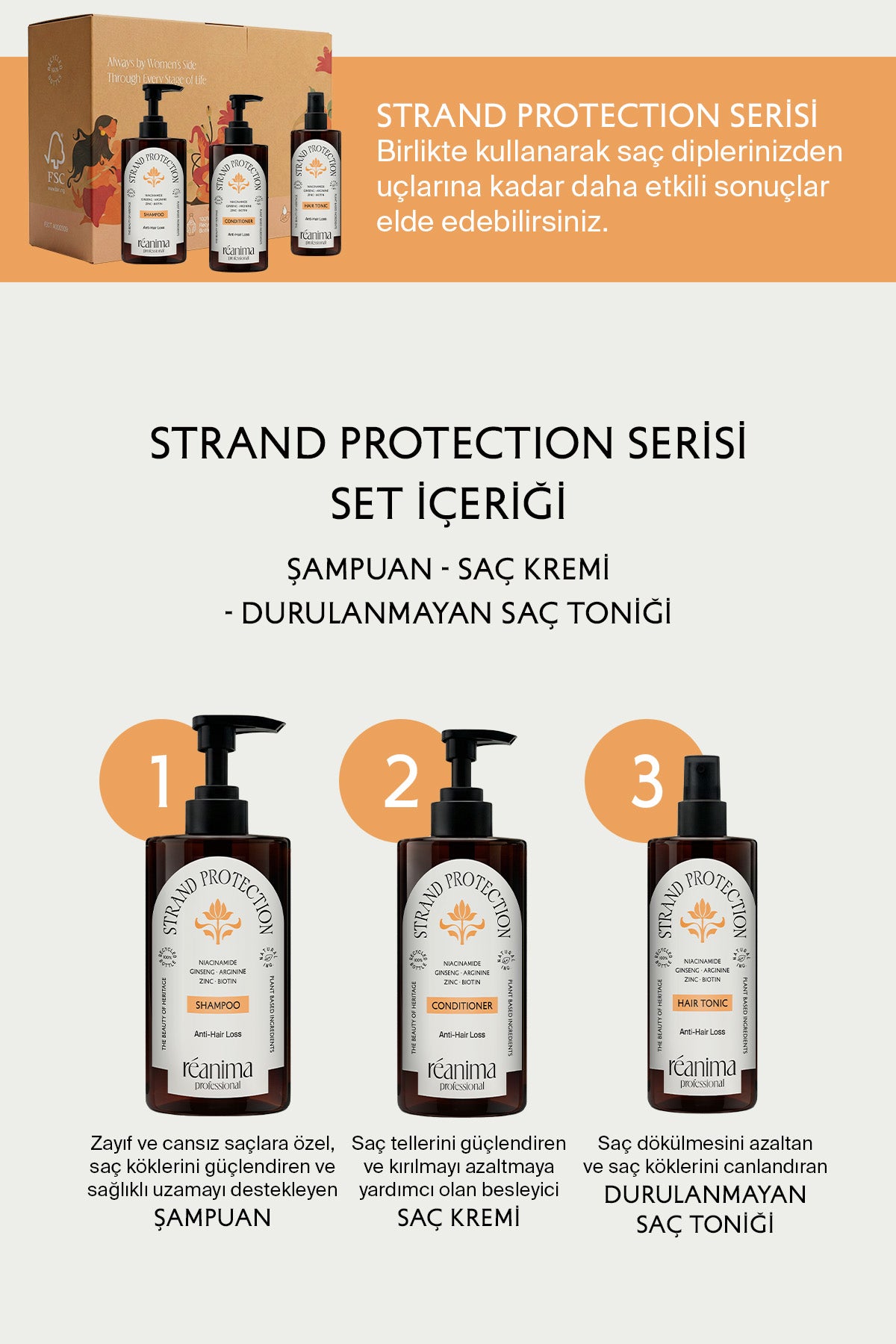 Strand Protection Güçlendirici Şampuan Esneklik Kazandıran Saç Kremi Dökülme Karşıtı Tonik Üçlü Set